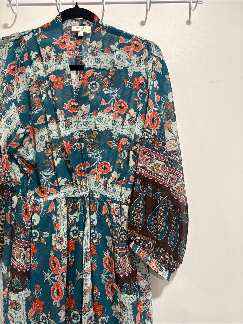 Umgee Teal Floral Boho Maxi Kimono Duster Size Medium - Picture 7 of 12